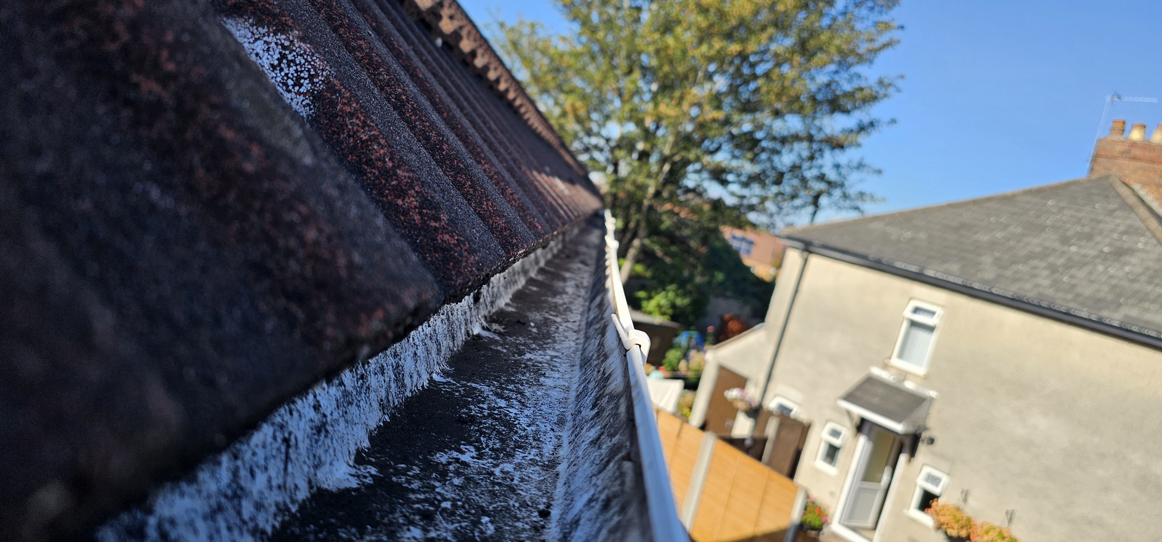 Gutter after clearing, with roofline and neighbouring houses visible